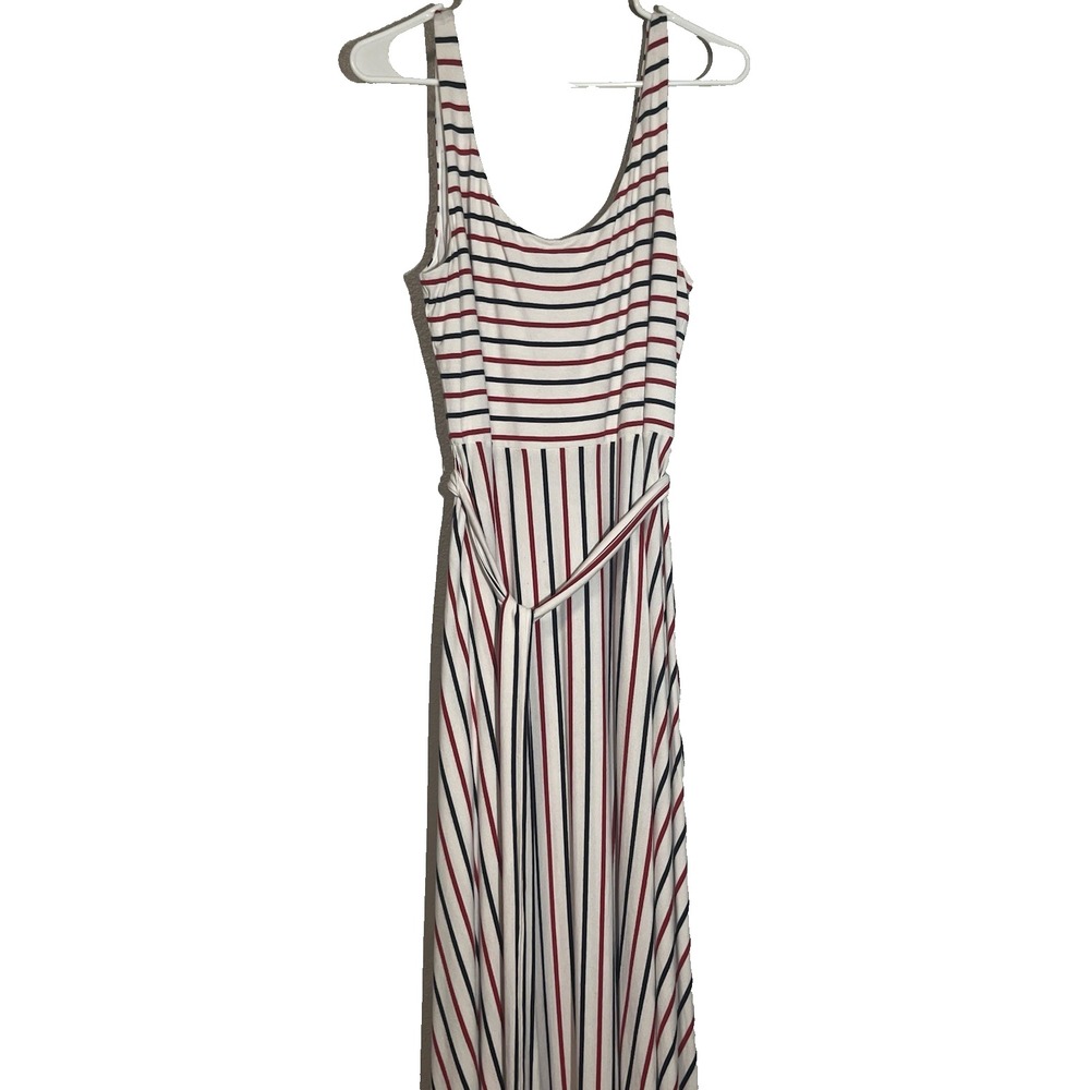 Loft maxi dress large sleeveless scoop neckline white blue red stripes belted